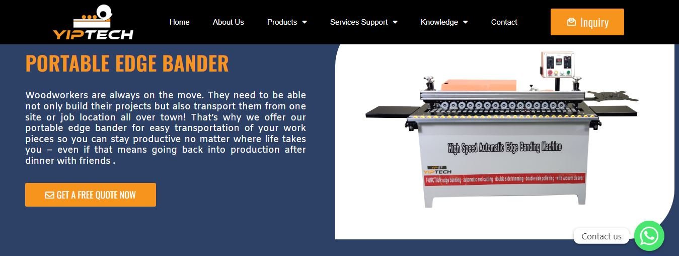 Image of a Portable Edge Banding Machine with text overlay mentioning its benefits and an option to get a quotation for the machine.