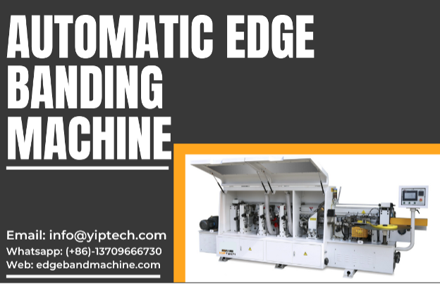 An industrial automatic edge banding machine with a sleek silver and black design. The machine has a conveyor belt to feed the panels and a series of rollers and blades to apply the edge banding material.